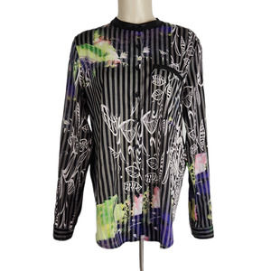 Alberto Makali Floral Stripe Tunic Blouse Sz L Black Multi Faux Leather Trim